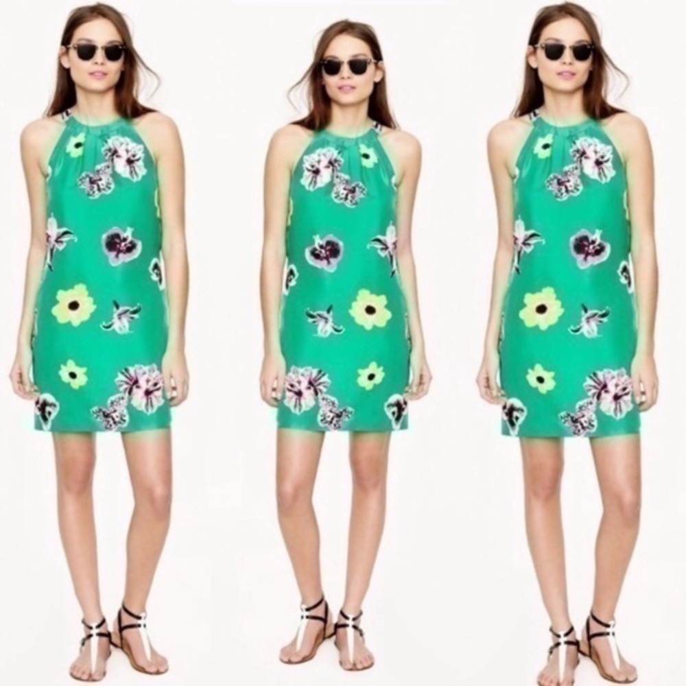 J. Crew green floral silk halter shift dress